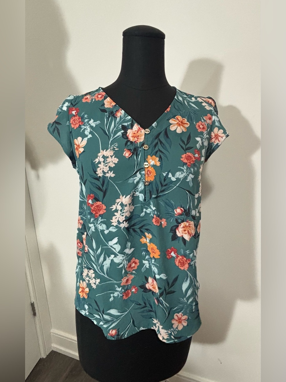 LOFT Teal Floral V-Neck Short Sleeve Blouse